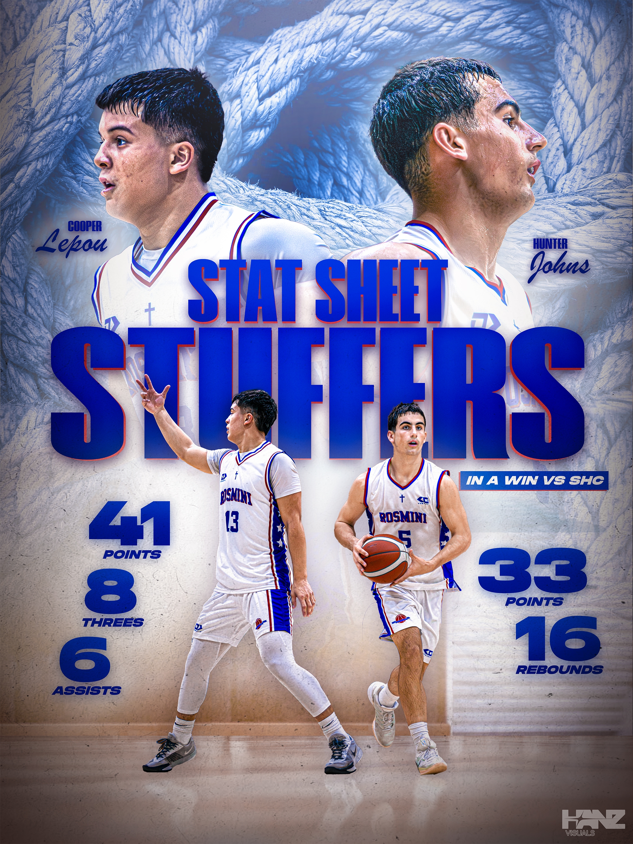 Cooper Lepou (41 points, 8 threes, 6 assists) and Hunter Johns (33 points, 16 rebounds) from Rosmini College. Round 3 vs Sacred Heart College. Senior Premier Basketball 2026